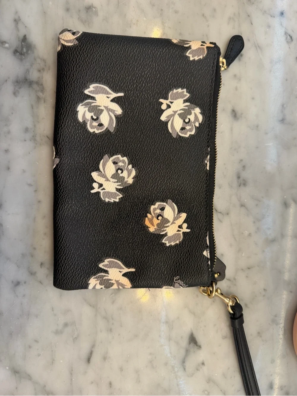 COACH Black Floral Zip Wristlet with Gold Logo